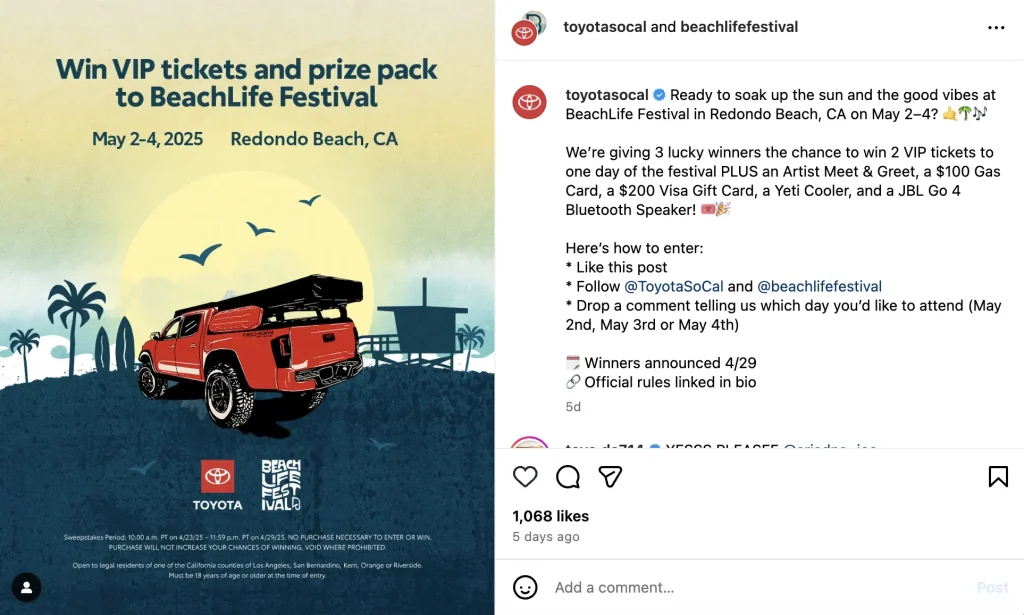 Toyota and Beachlife Festival Social Media Contest Example